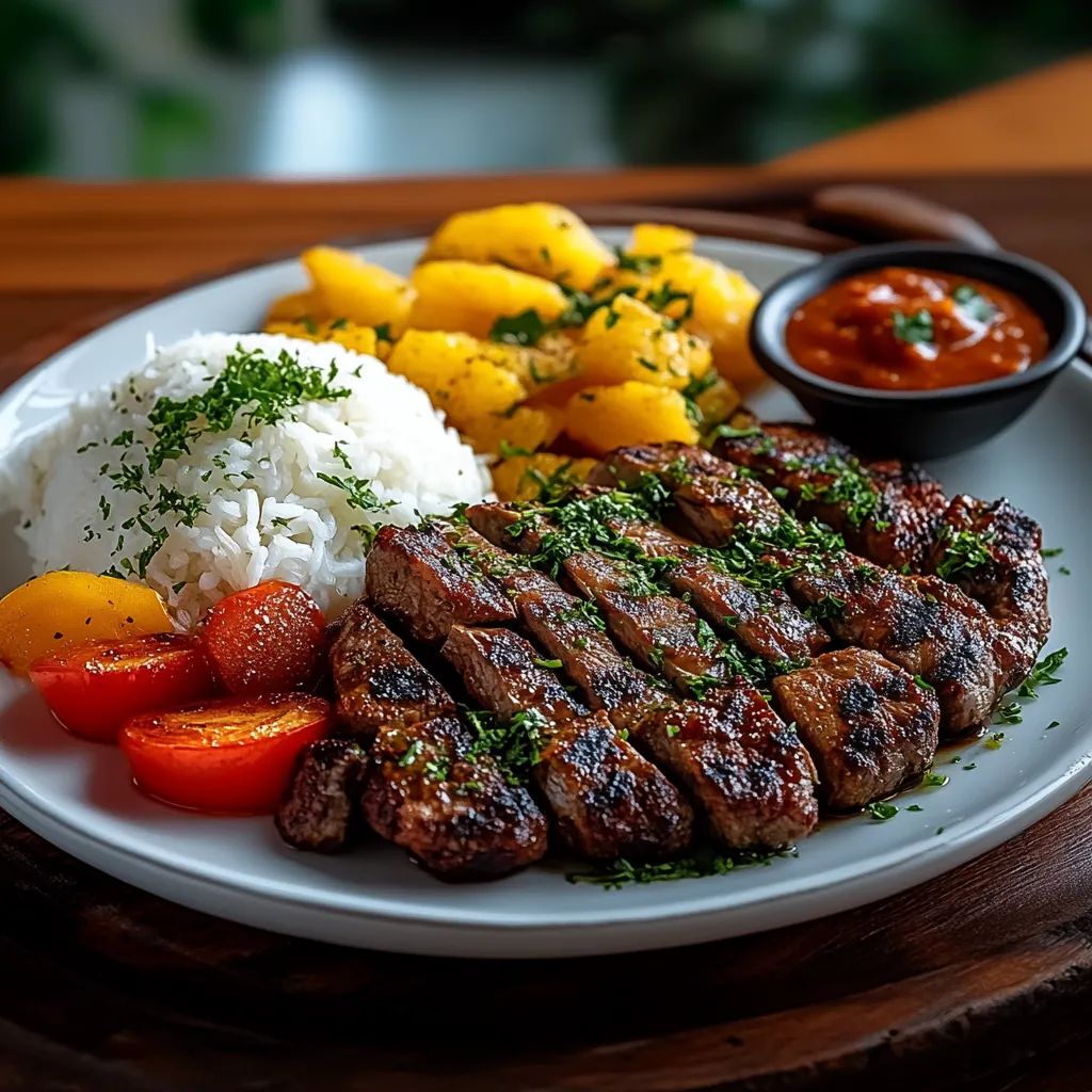 A plate of food with meat, rice, and vegetables.