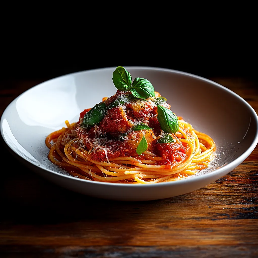 A bowl of spaghetti with sauce and a green leaf on top.