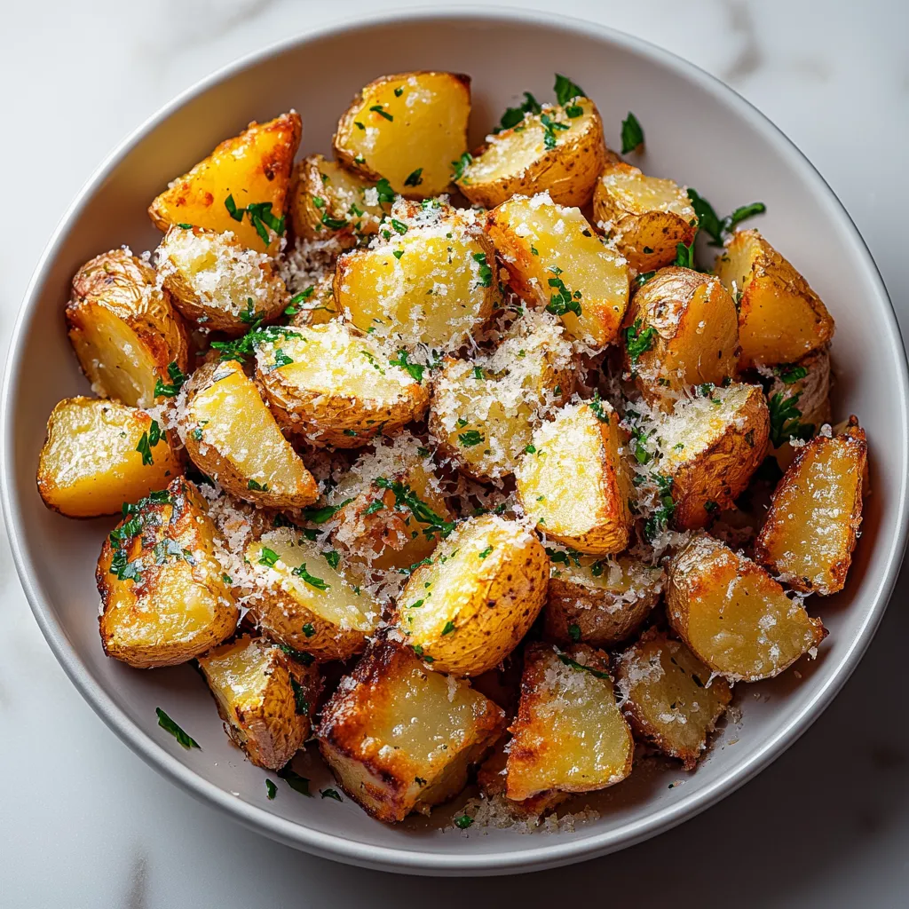 A bowl of potatoes with cheese and herbs.