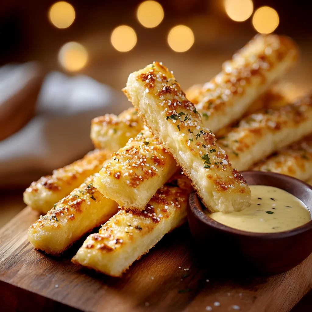 A plate of breadsticks with a bowl of dipping sauce.
