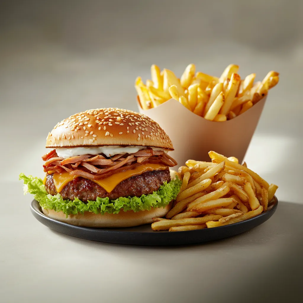 A burger with bacon and cheese on a bun.