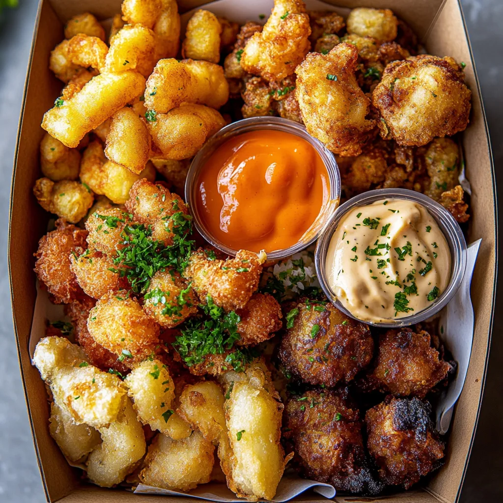 A box of food with a dipping sauce.