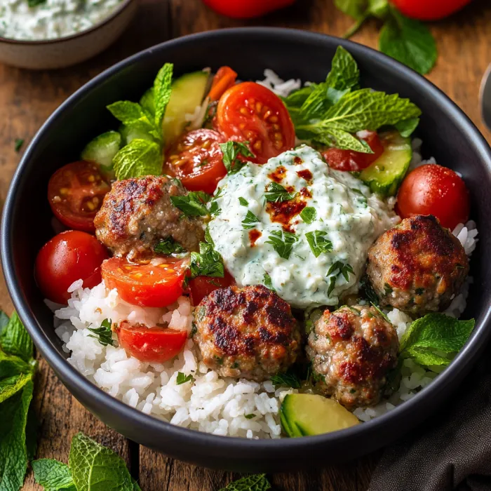 A bowl of rice with meatballs and tomatoes.