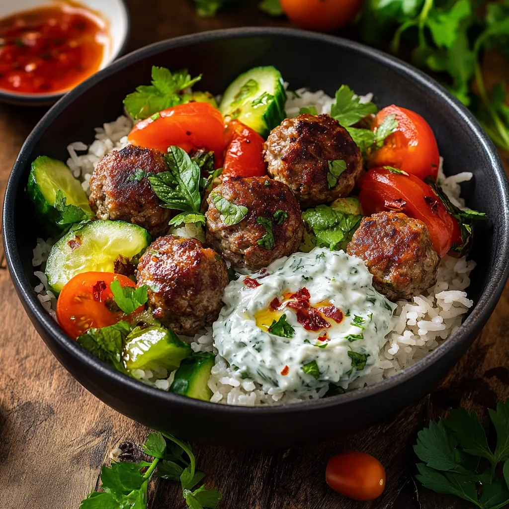 A bowl of food with meatballs, rice, tomatoes, cucumbers, and sauce.
