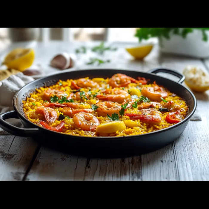 A pan of shrimp and vegetables on a table.