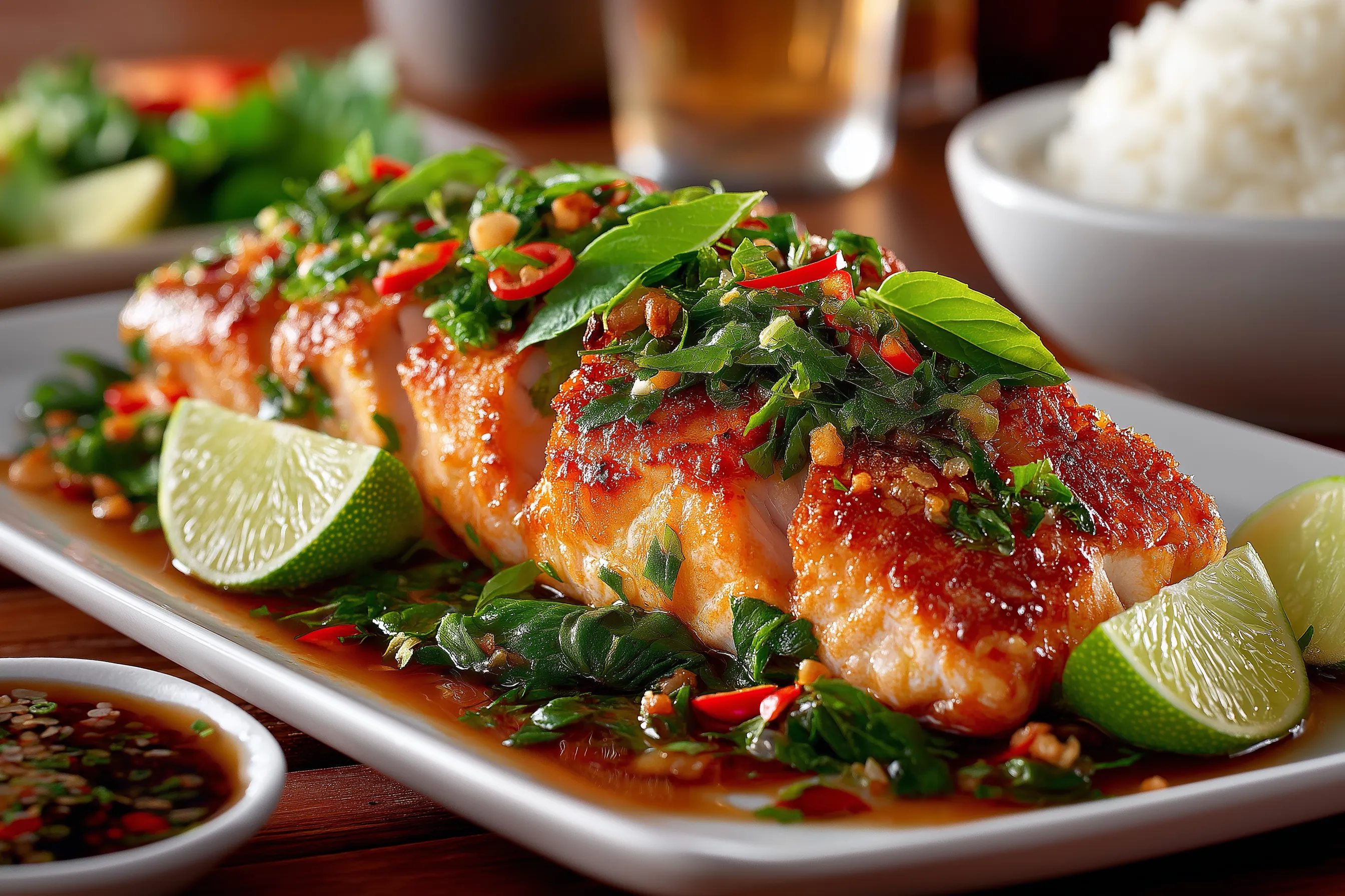 A plate of food with a fish dish.