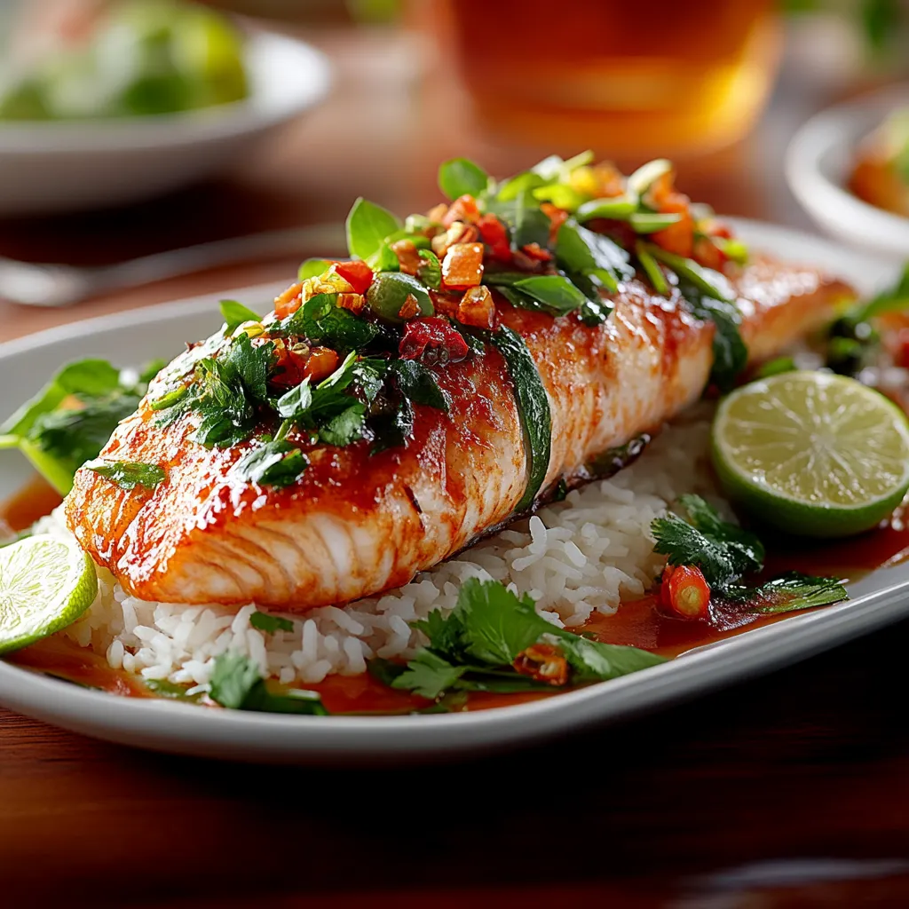 A plate of fish with rice and vegetables.