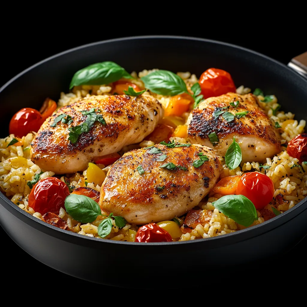 A bowl of rice with chicken and vegetables.