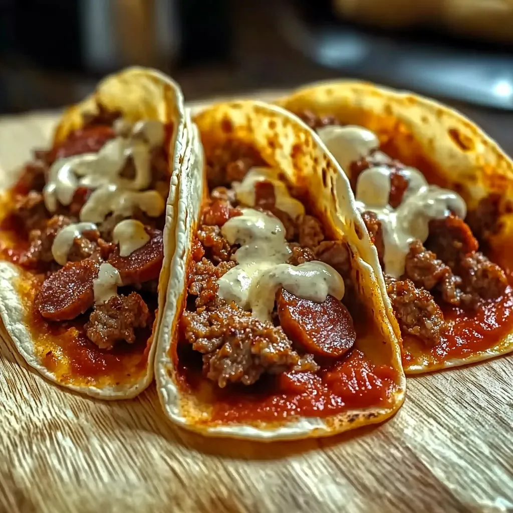 Two tacos with meat and cheese on a wooden table.