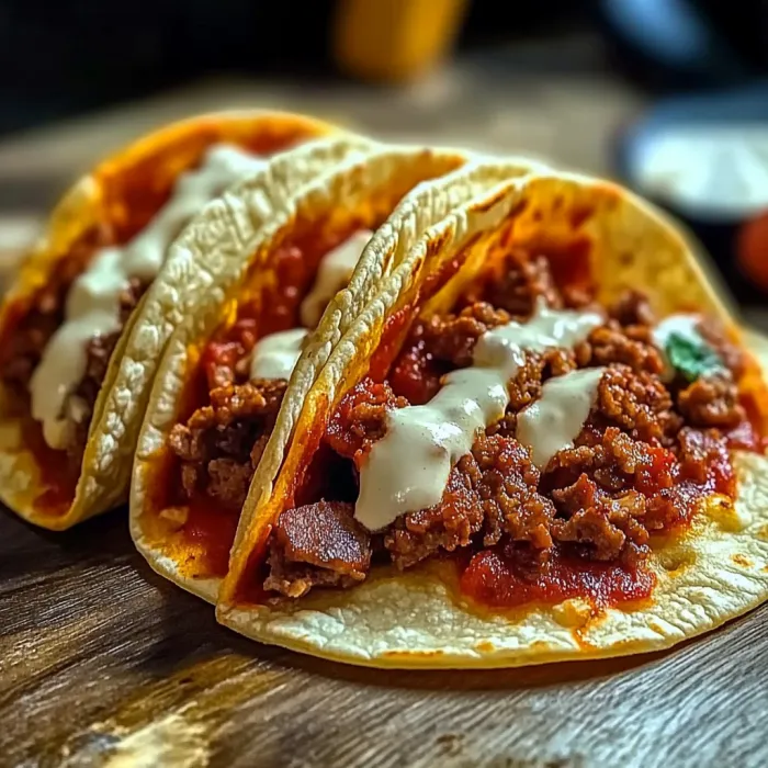Two tacos with meat and cheese on a table.