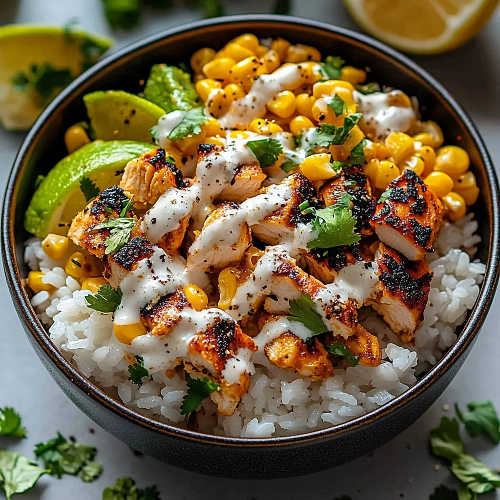 A bowl of rice with chicken and corn.