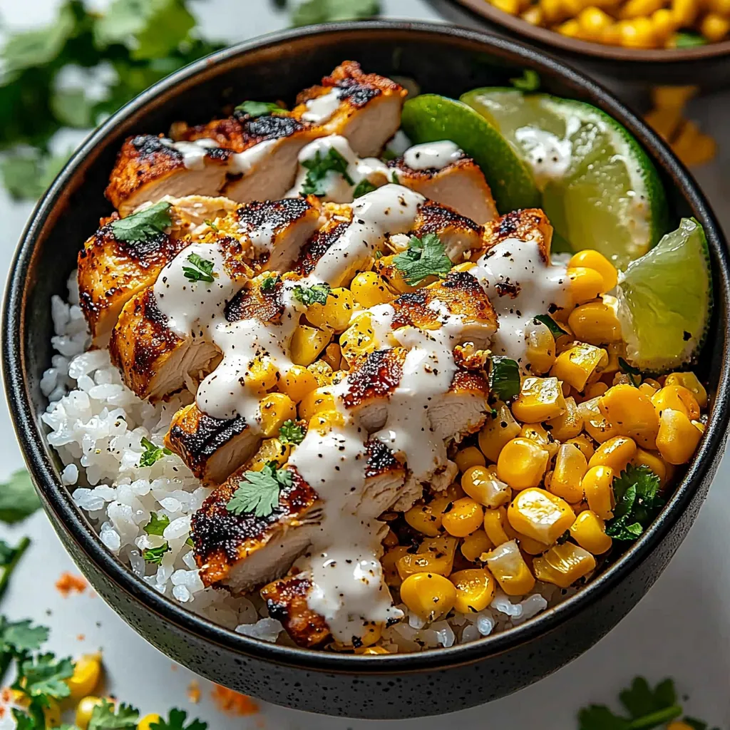 A bowl of food with chicken and corn.