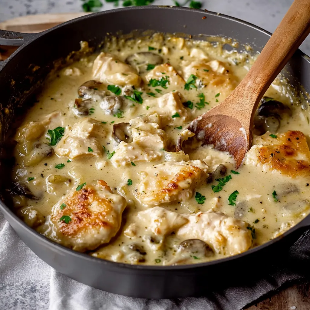 A bowl of chicken and mushrooms.