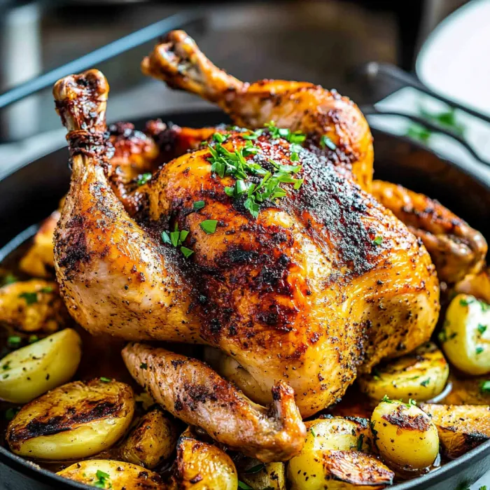 A roasted chicken with potatoes and herbs.