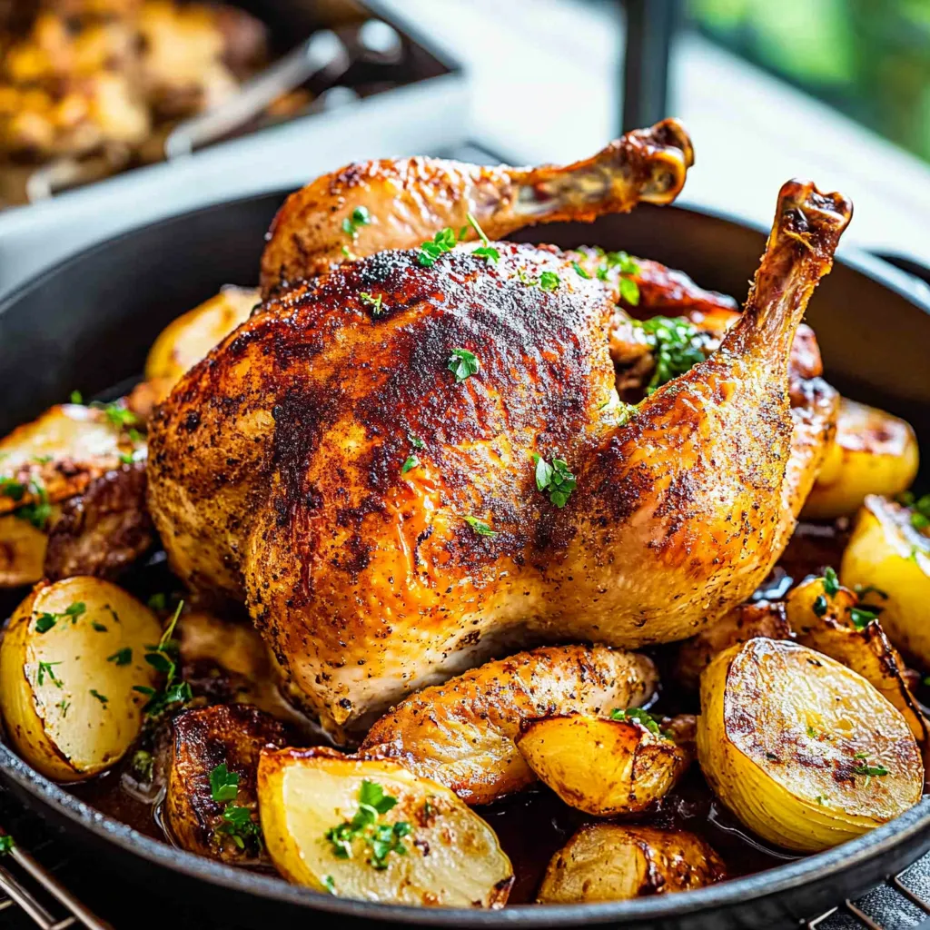 A roasted chicken with potatoes and herbs.