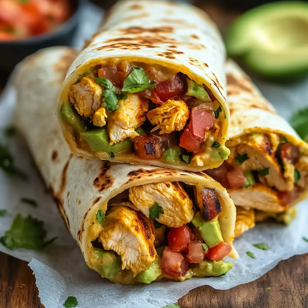 A burrito with chicken and avocado.