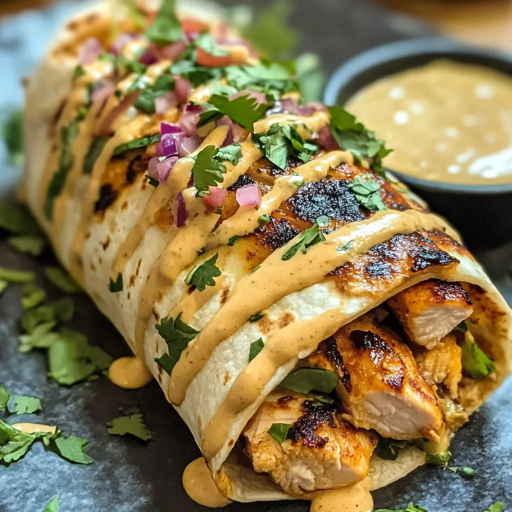 A chicken burrito with sauce.