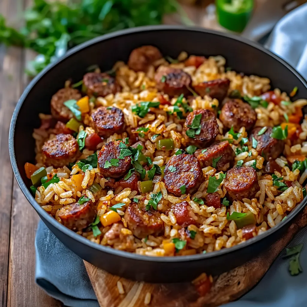 A bowl of rice with sausage and vegetables.