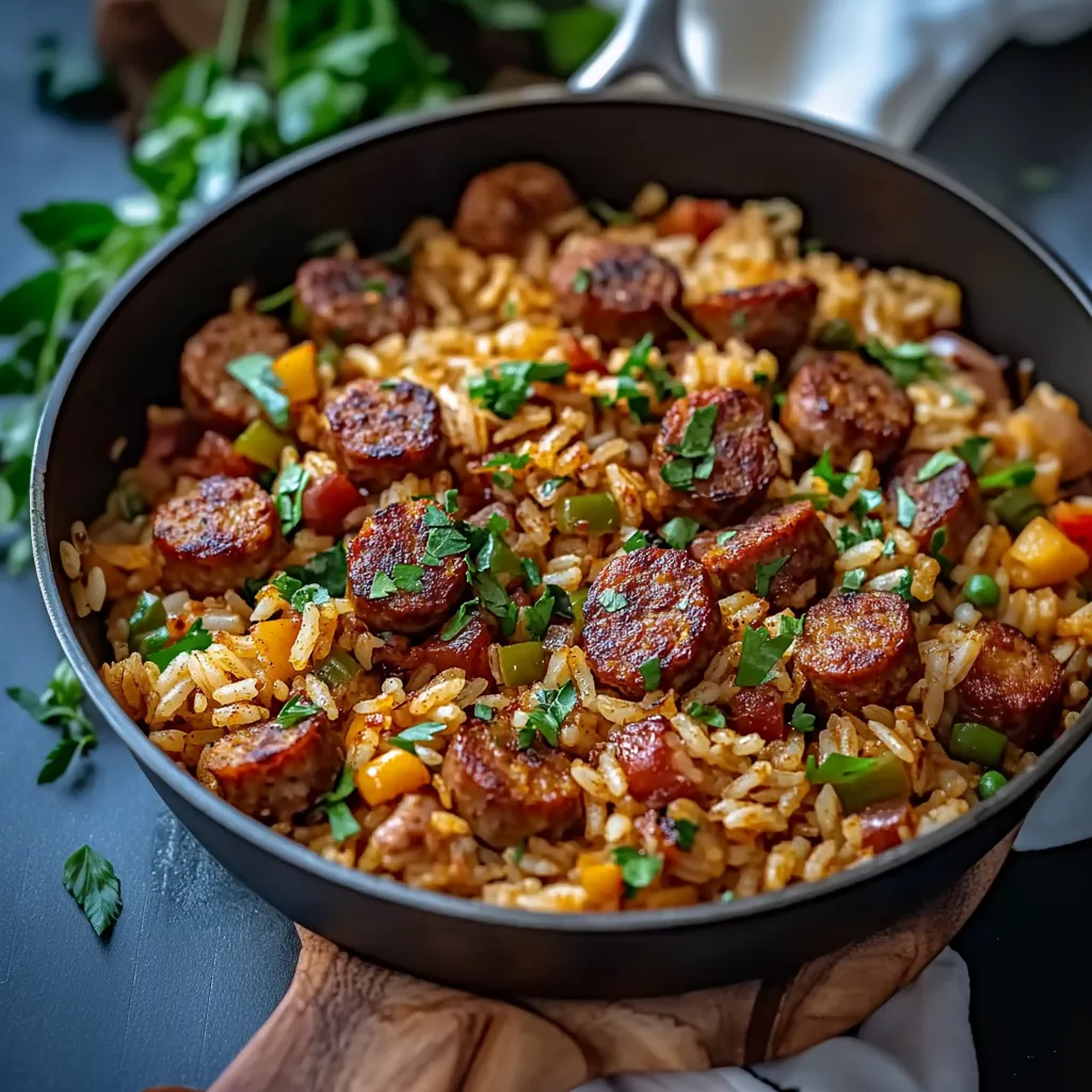 A bowl of rice with sausage and vegetables.