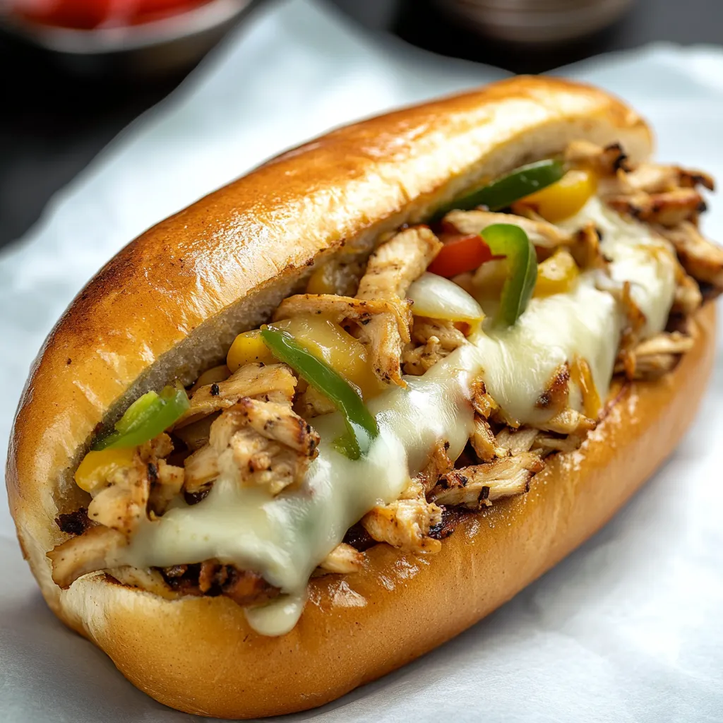 A chicken sandwich with cheese and peppers.