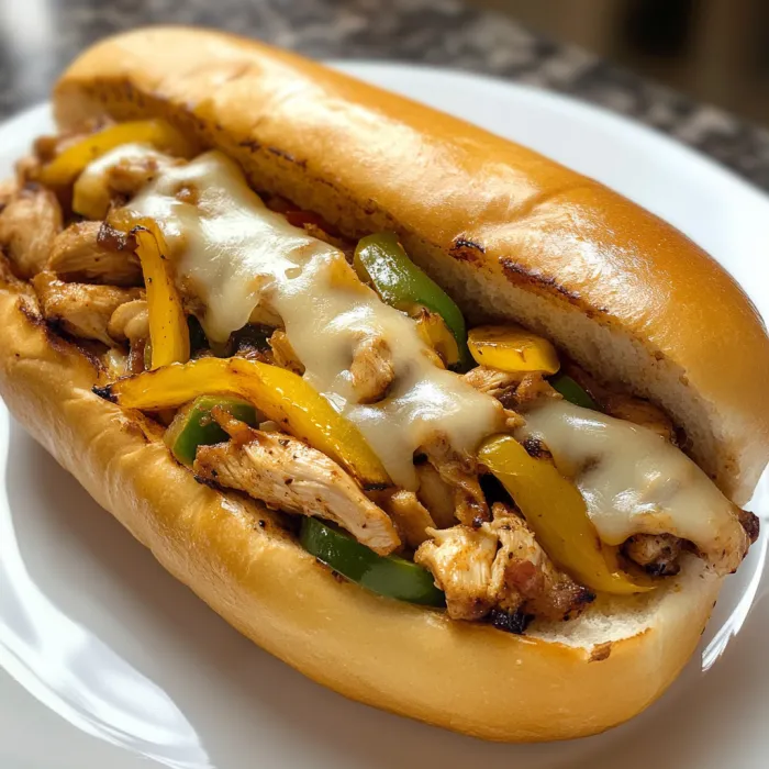 A sandwich with chicken, peppers, and cheese.