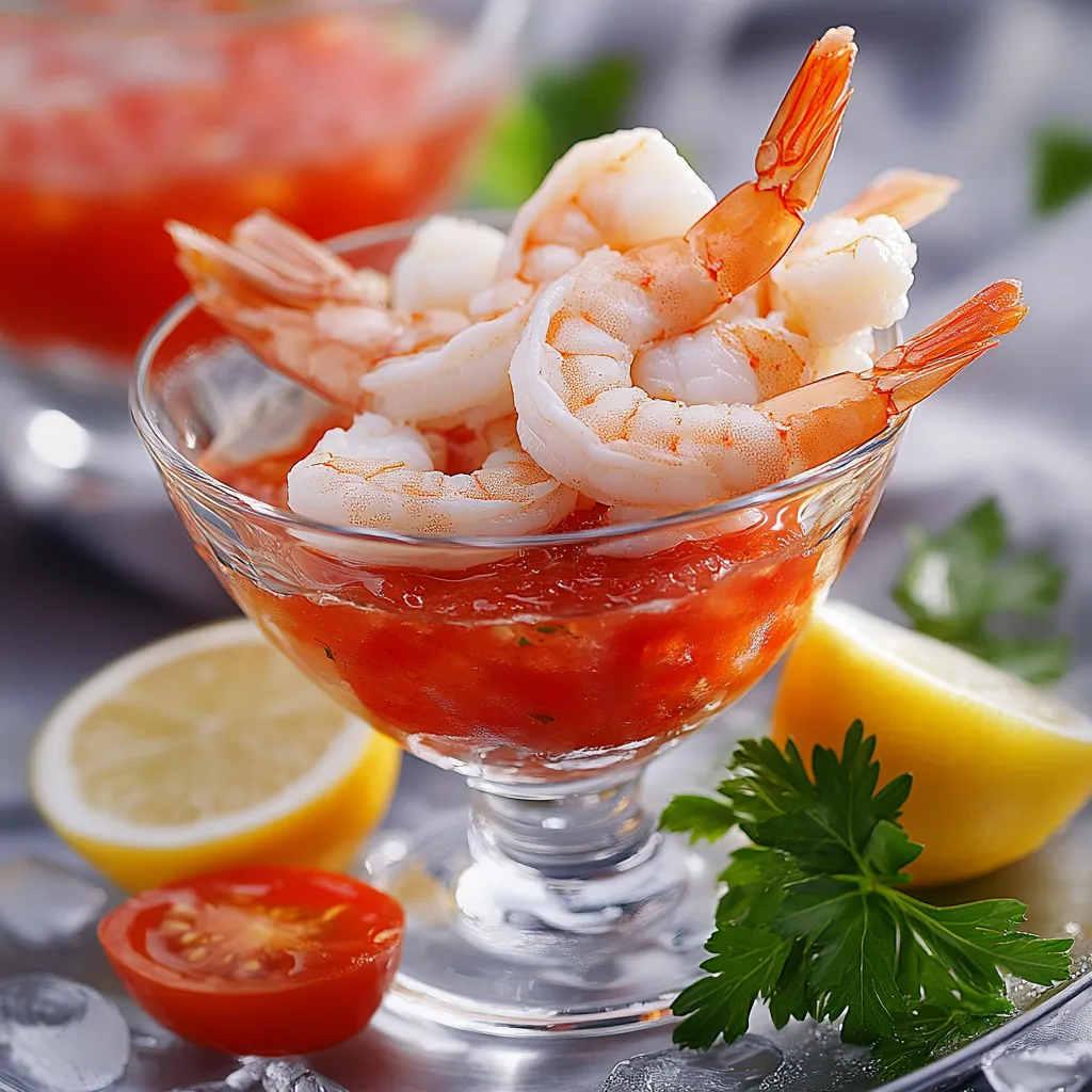 A bowl of shrimp with tomatoes and lemon wedges.