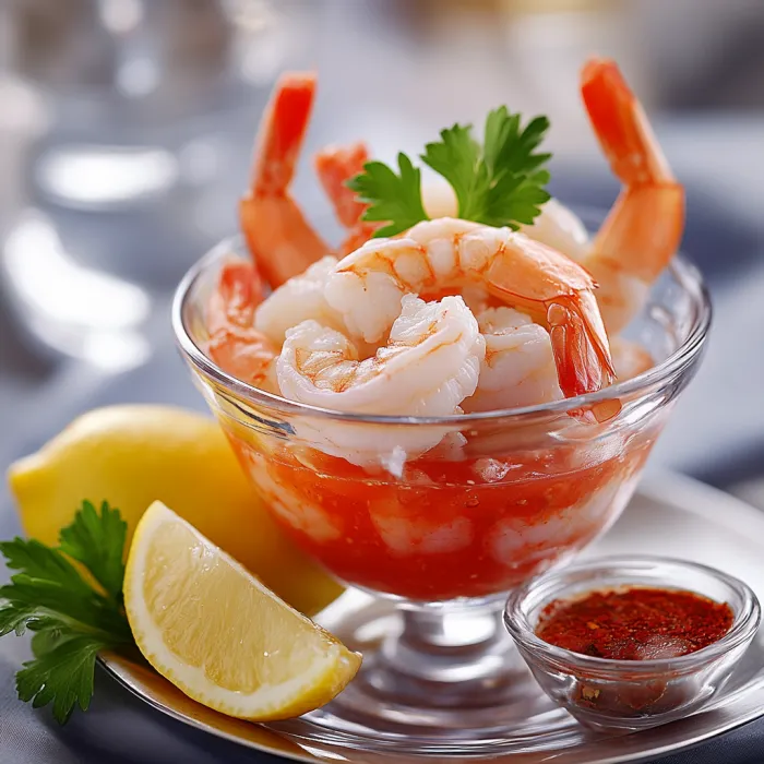 A bowl of shrimp with a lemon wedge and a pepper shaker.