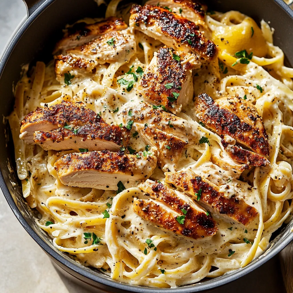 A bowl of pasta with chicken and herbs.