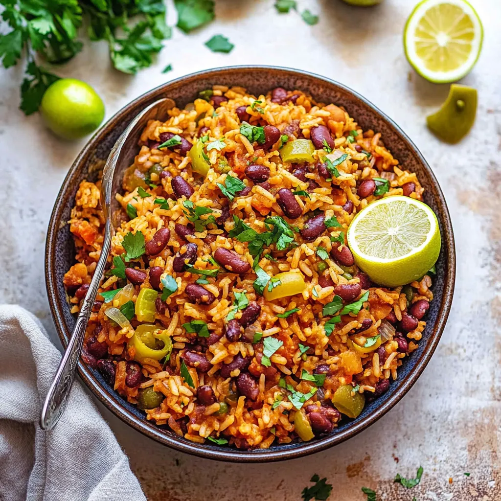 A bowl of rice with beans and lime wedges.