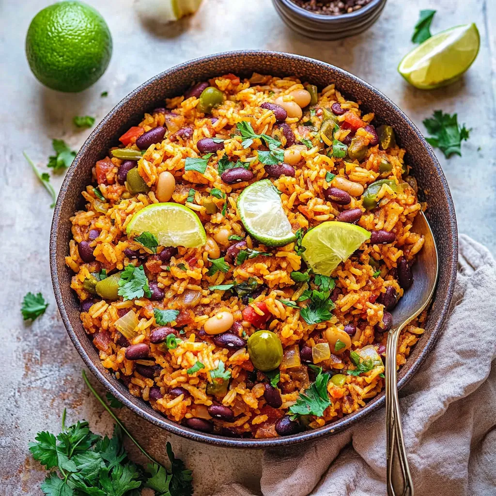A bowl of rice with beans, lime, and cilantro.