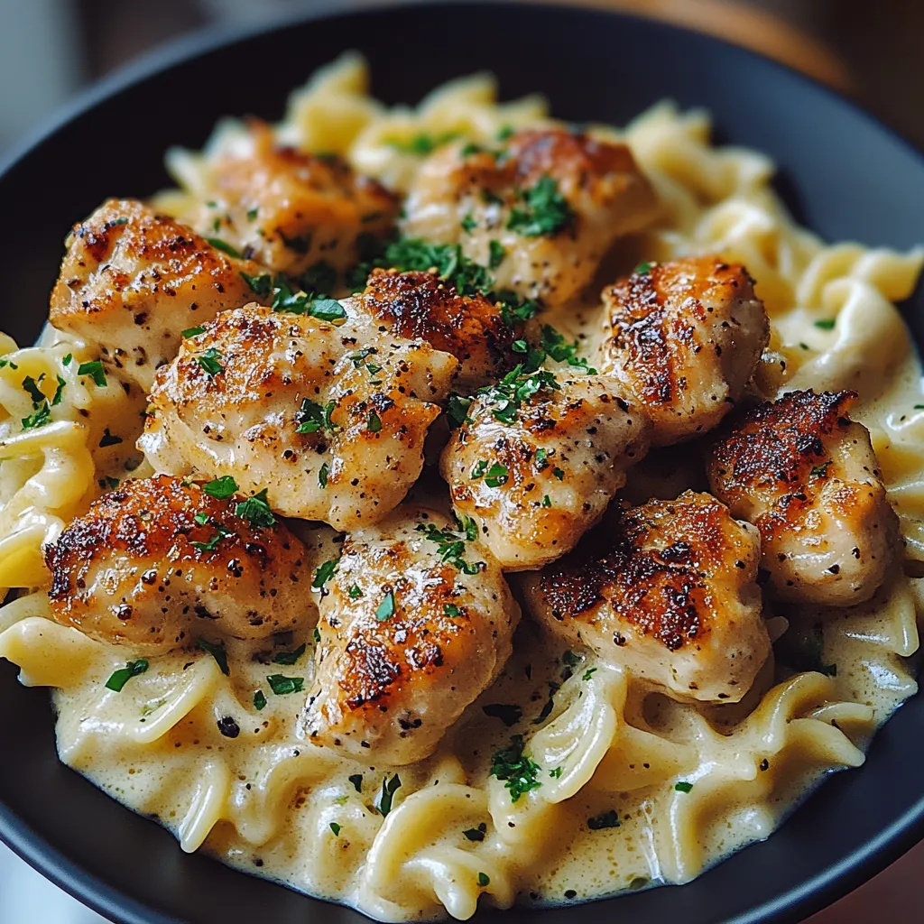 A bowl of pasta with chicken and green herbs.
