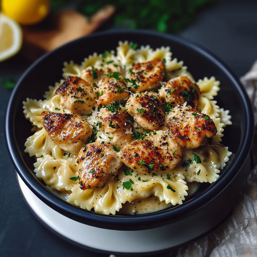 A bowl of pasta with chicken and herbs.