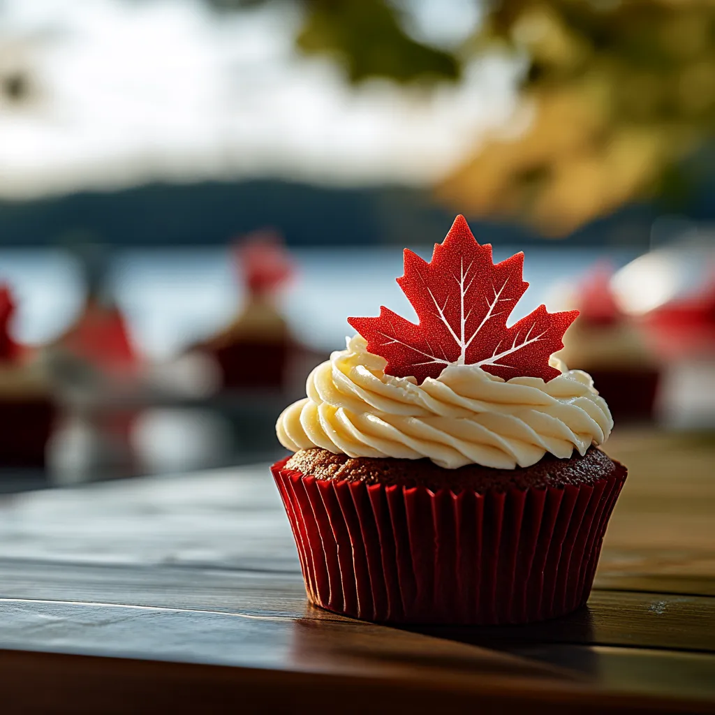 A red cupcake with a maple leaf on top.