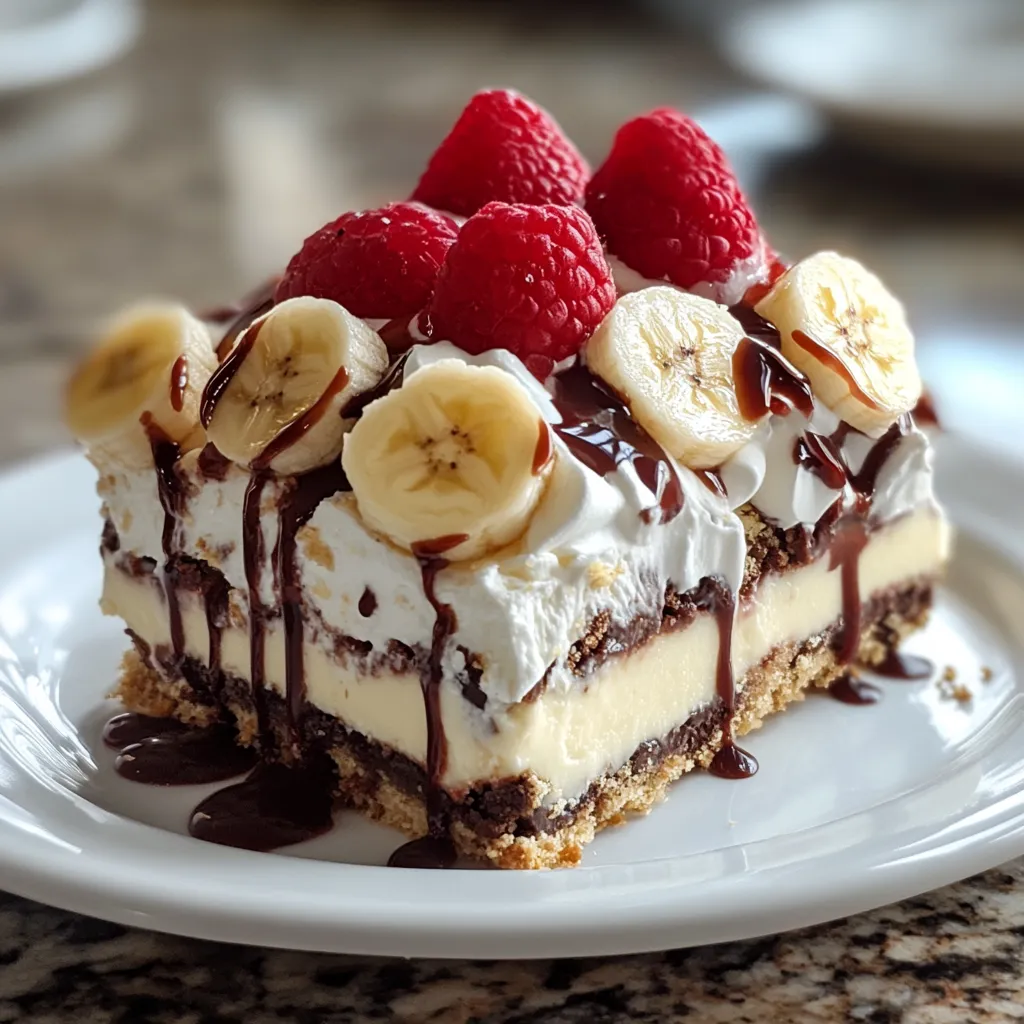A slice of cake with bananas and raspberries.