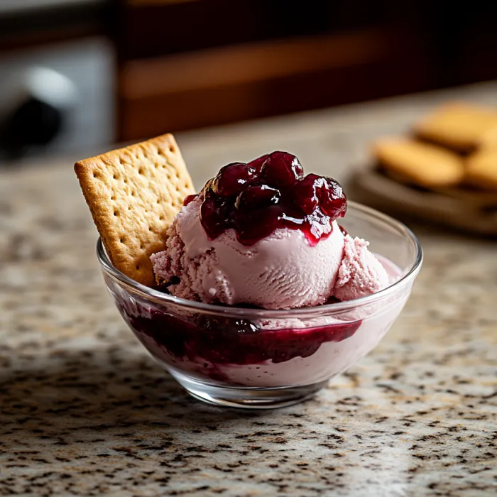 A bowl of ice cream with a cookie on top.