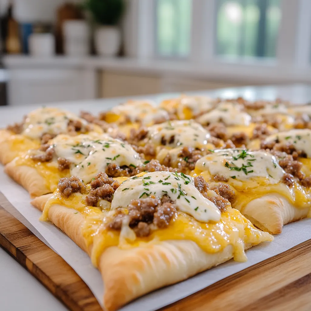 A pizza with cheese and meat on a wooden cutting board.