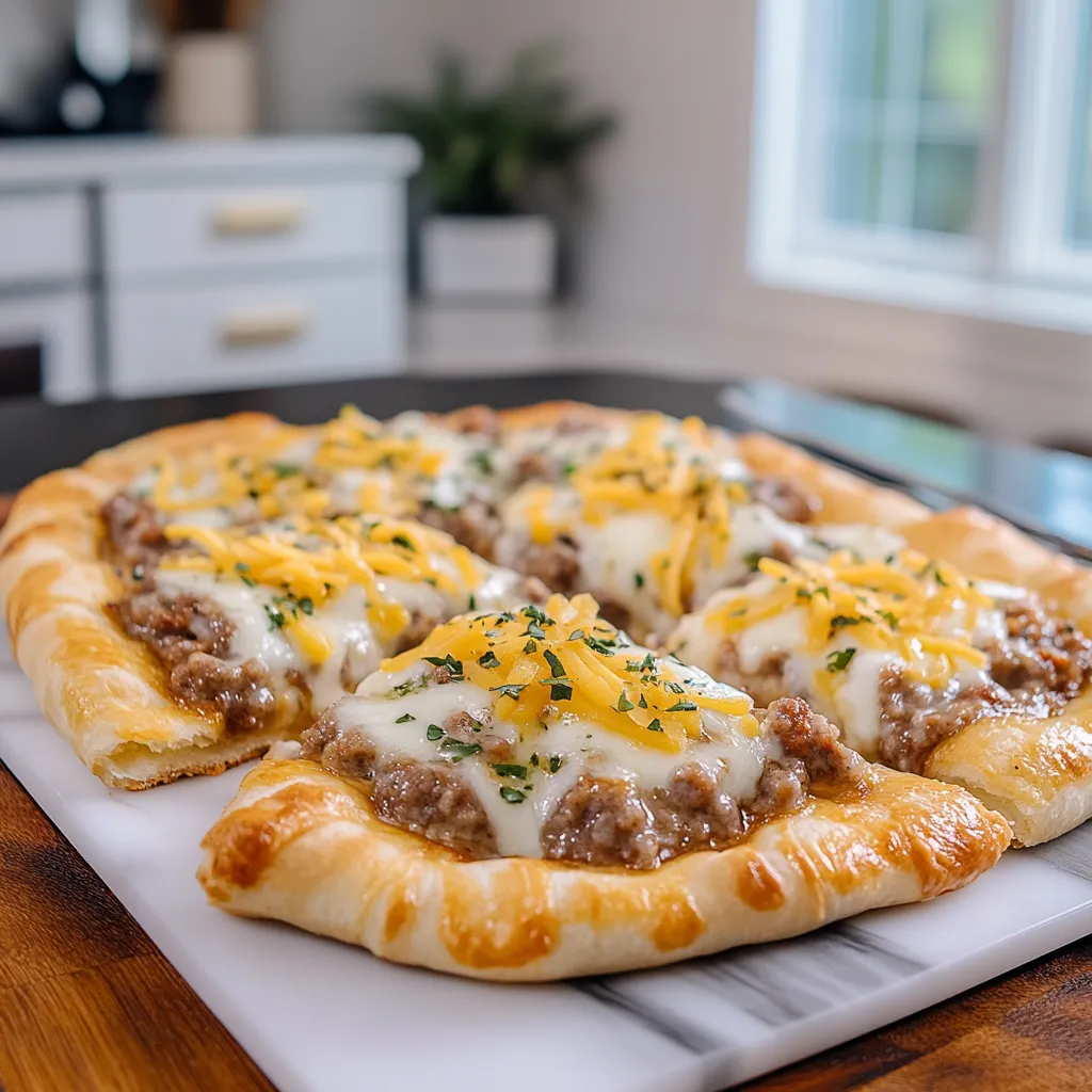 A pizza with cheese and meat on a white plate.