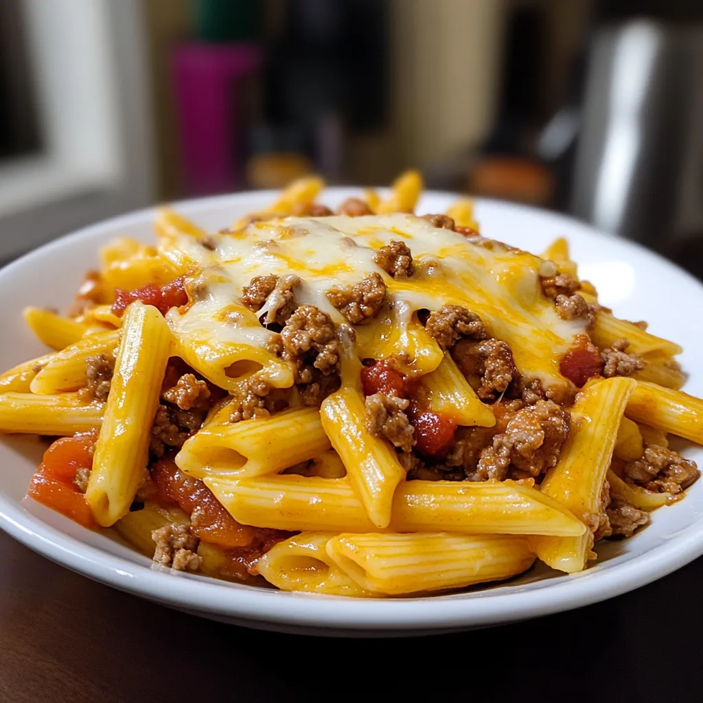 A plate of pasta with meat and cheese.