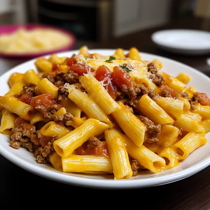 A plate of pasta with meat and tomatoes.