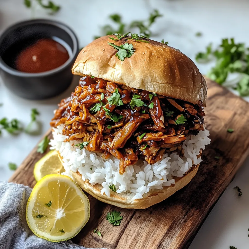 A sandwich with meat and rice on a wooden table.