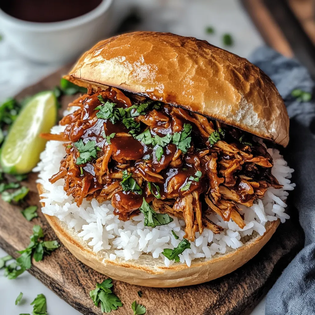 A sandwich with meat and rice on a wooden table.