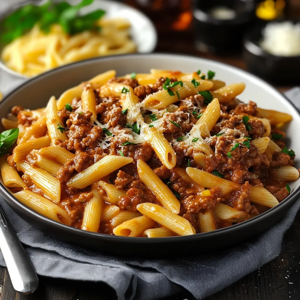A plate of pasta with meat and cheese.