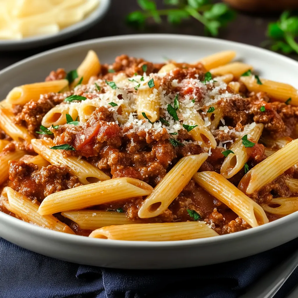 A bowl of pasta with meat sauce.