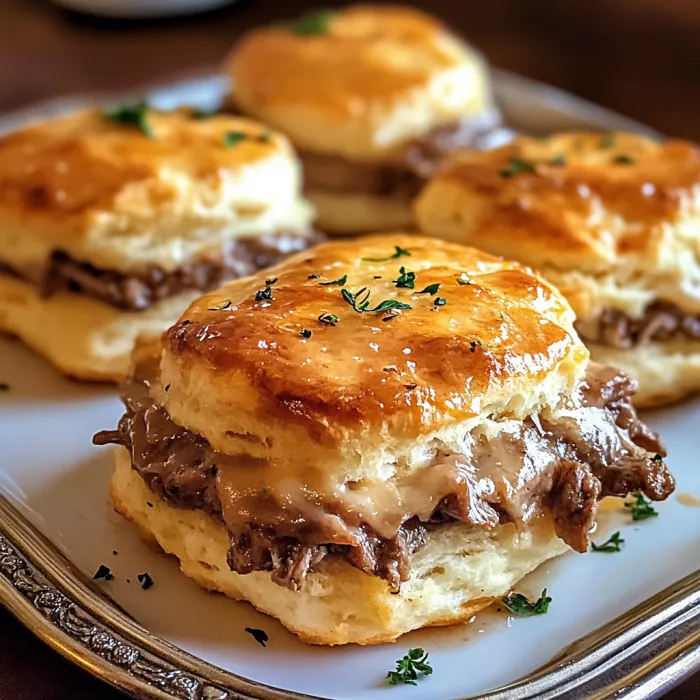 A plate of biscuits with meat in the middle.