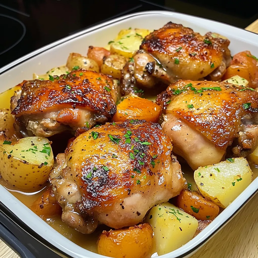 A bowl of chicken and potatoes.