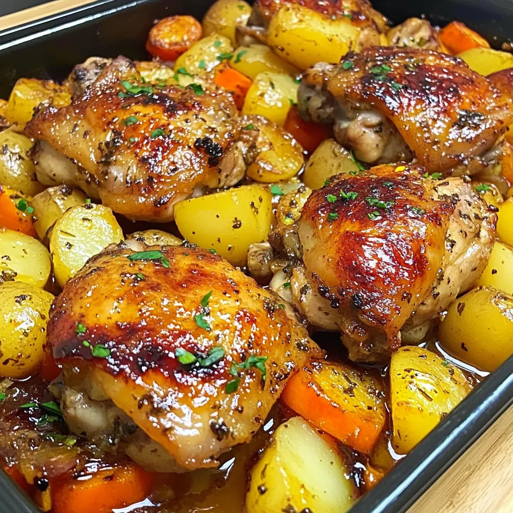 A pan of chicken and potatoes.