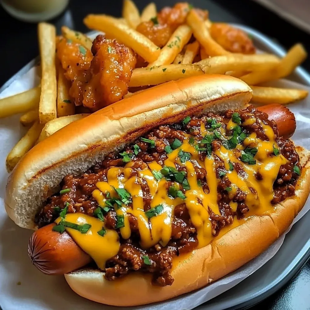 A chili dog with cheese and onions.
