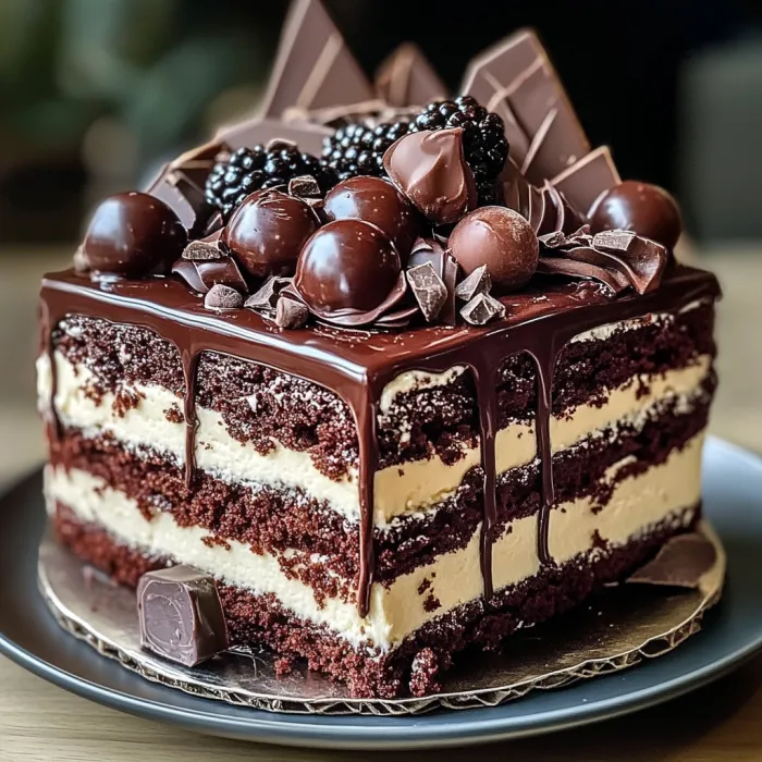 A chocolate cake with chocolate chips and berries.