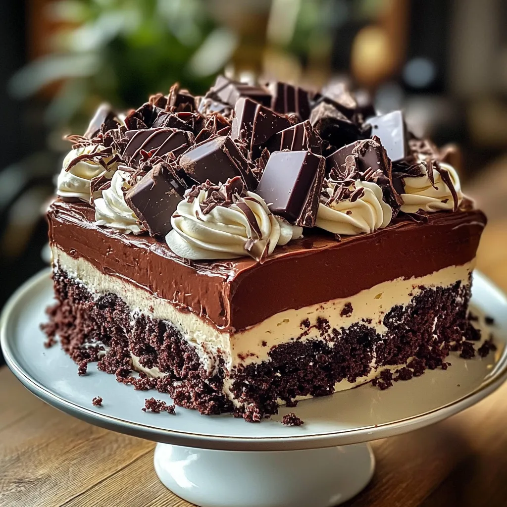 A chocolate cake with white frosting and chocolate chips.