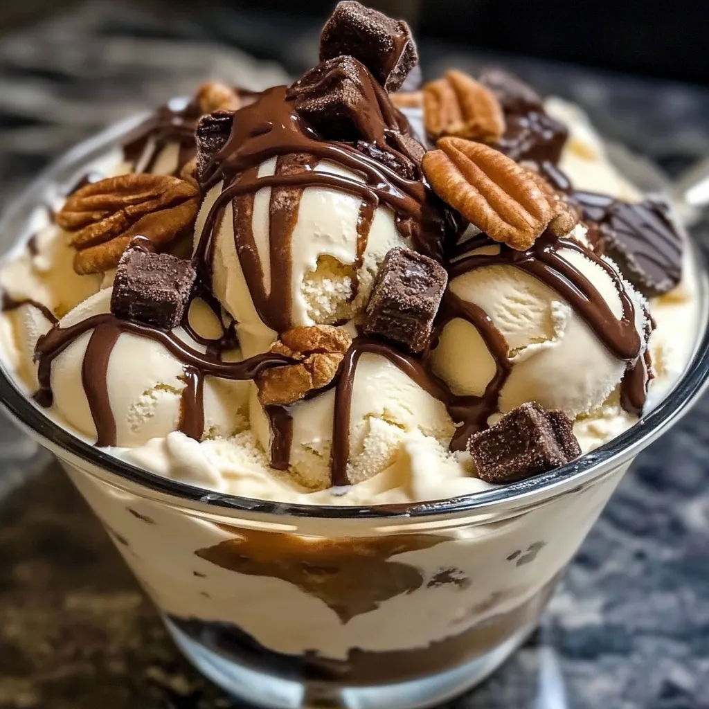 A glass of ice cream with chocolate and nuts.